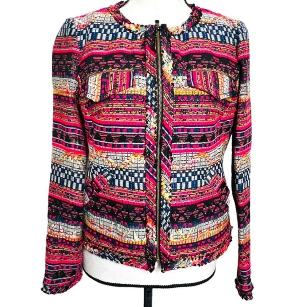 Trina Turk Red Multi Baja Tweed Printed layke Jacquard Zip Blazer size 4